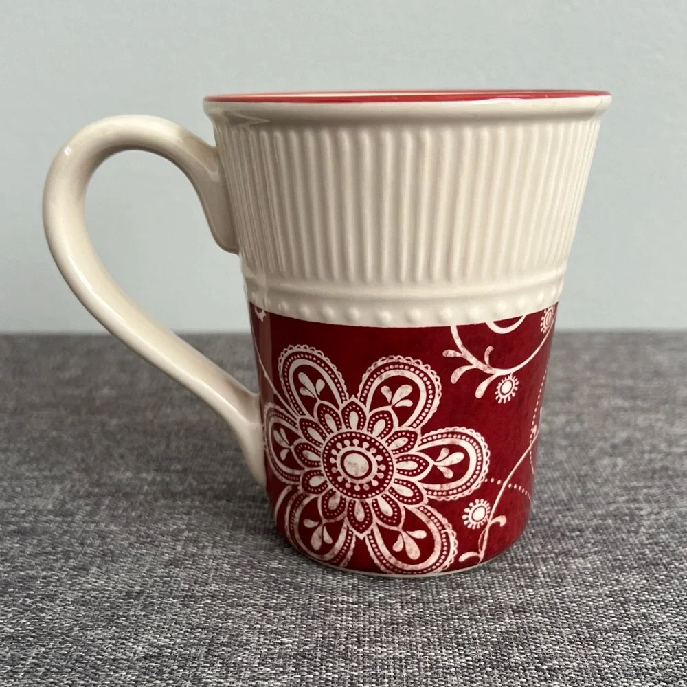 Pier 1 Imports Maribeth Red Cream Floral Coffee Mug Ridged Ironstone CHIPS READ